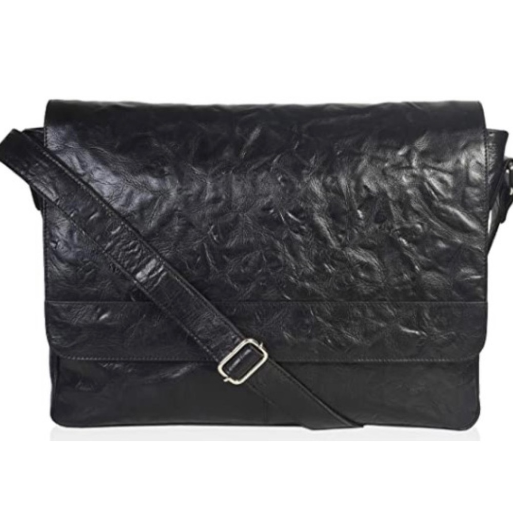 Unisex Genuine Leather Black 15” Messenger Bag -  Retro Crumbled/Wrinkle Leather
